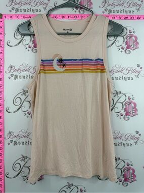 Hurley tank top moon Pink Cream Tank with Rainbow Stripe and Palm Moon Graphic